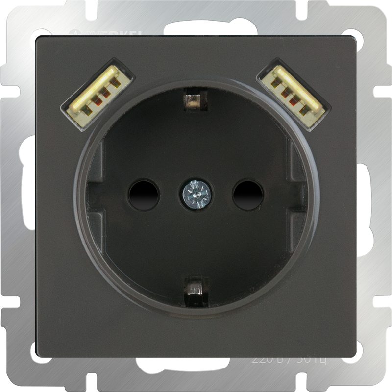 Розетка с заземлением, шторками и USBх2 (серо-коричневый WL07-SKGS-USBx2-IP20